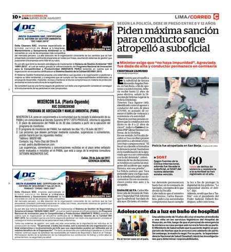 Pagina que muestra 2 Avisos para Delta Cleaners SAC a medida 4x3 para comunicar su reciente Certificacion en el Sistema de Gestion Ambiental ISO 14001:2015 y en el Sistema de Seguridad y Salud en el Trabajo OHSAS 18001:2007