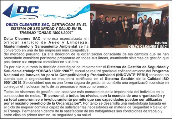 2 Avisos para Delta Cleaners SAC a medida 4x3 para comunicar sus recientes Certificaciones en el Sistema de Gestion Ambiental ISO 14001:2015 y del Sistema de Seguridad y Salud en el Trabajo OHSAS 18001:2007