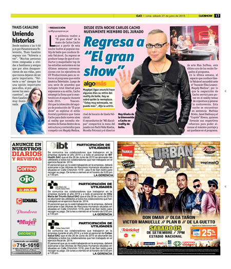 Avisos de Utilidades en La Razon, El Comercio Nacional, TROME, Peru 21, OJO Nacional o CORREO Lima Avisos de Utilidades en La Razon, El Comercio Nacional, TROME, Peru 21, OJO Nacional o CORREO Lima